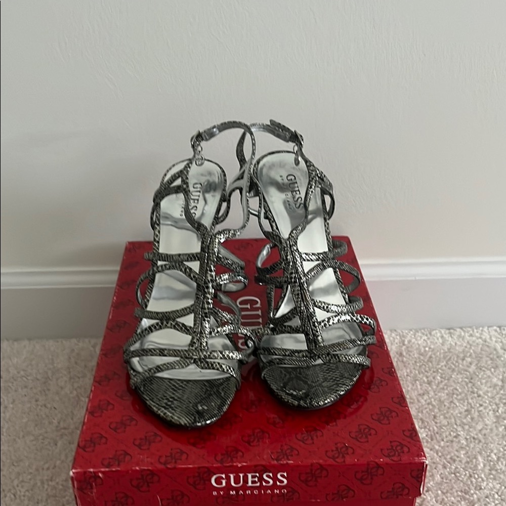 GUESS Metallic Silver Strappy Snake-Print High Heels